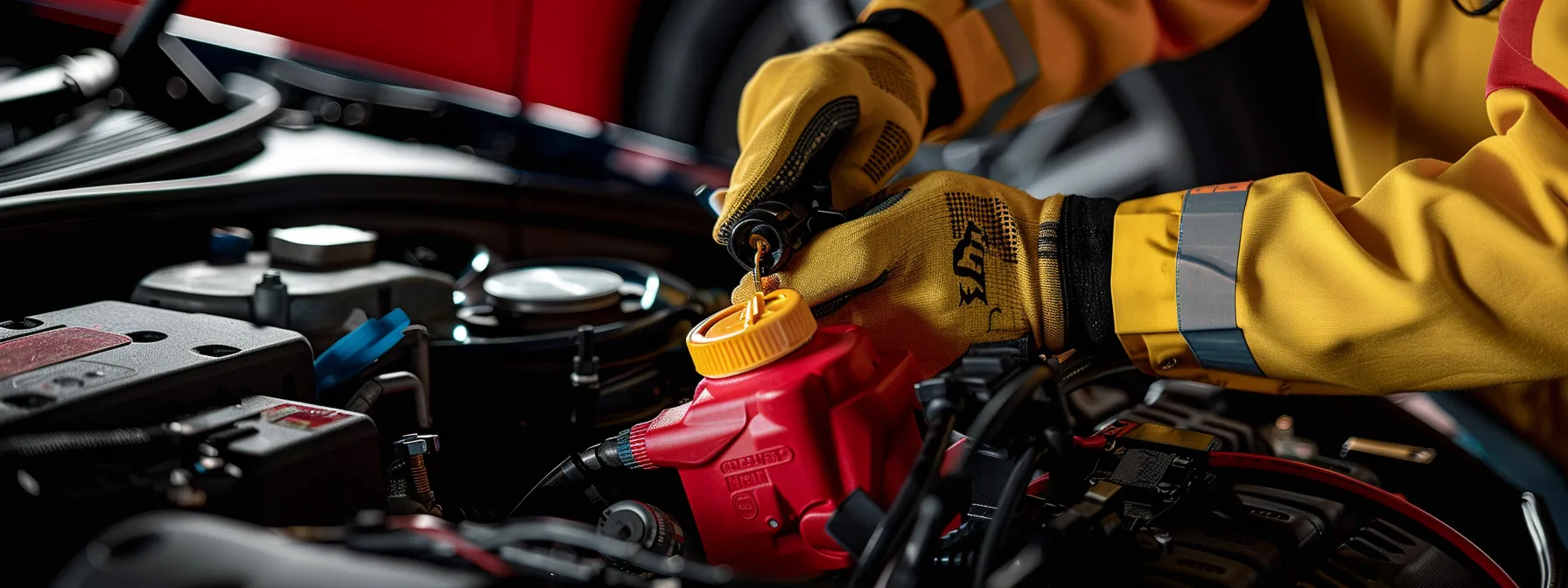 a person confidently inspecting brake fluid levels under the hood of a car, with a professional brake specialist working on the brakes in the background.