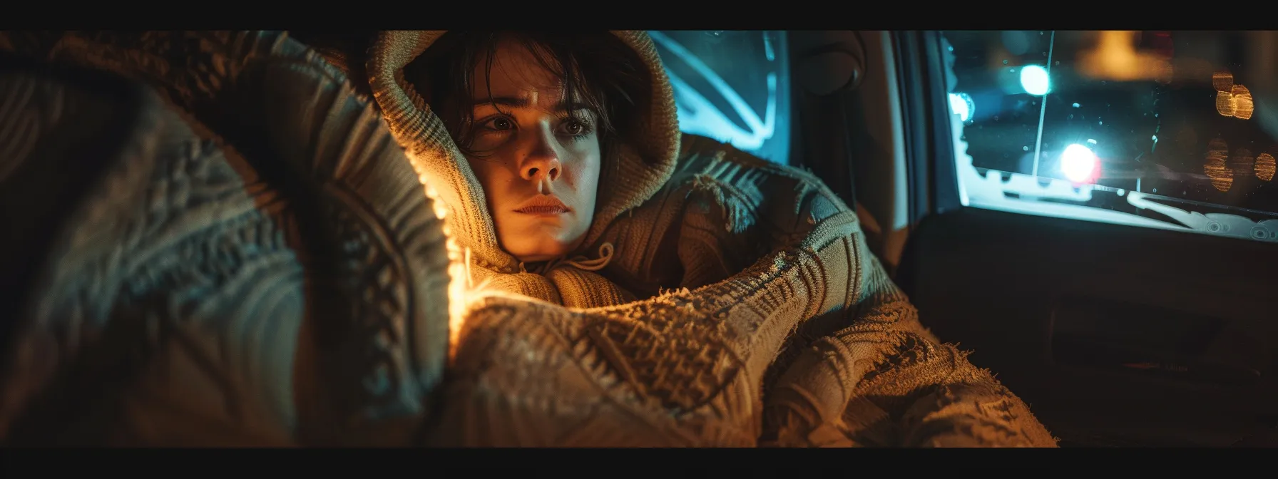 a person sitting in a car, wrapped in a blanket, shivering as they struggle with a malfunctioning heating system.