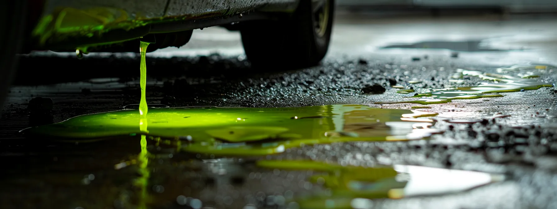 a puddle of bright green coolant seeping under a parked car, highlighting a potential heater core leak.