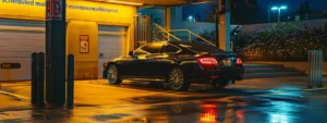 a shiny, well-maintained car parked in front of a garage with a sign reading "scheduled maintenance" above the entrance.