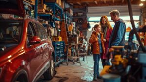 a friendly american family stands beside their car in a bustling auto repair shop, smiling as a professional technician discusses upcoming climate control upgrades amidst vibrant workshop equipment and signage.