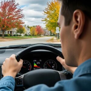 Frustrated driver checking dashboard for poor gas mileage indicators