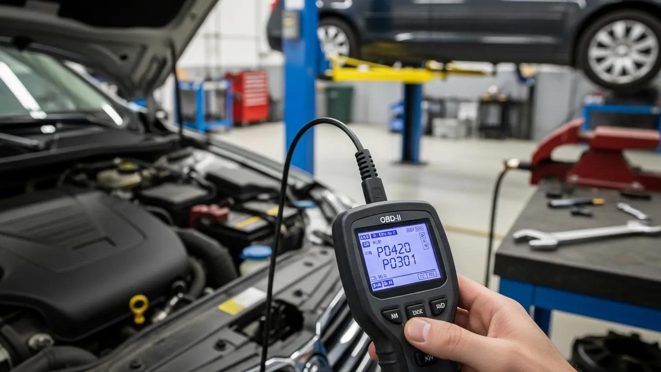 OBD-II scanner connected to a car, displaying diagnostic trouble codes for vehicle issues