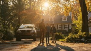 a joyful american family stands proudly beside their well-maintained car in a sunlit driveway, embodying the theme of maximizing vehicle lifespan through regular servicing.