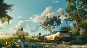 a joyful american family enjoying a sunny day by their car, basking in the cool breeze from a freshly recharged air conditioning system, surrounded by vibrant greenery and a clear blue sky.